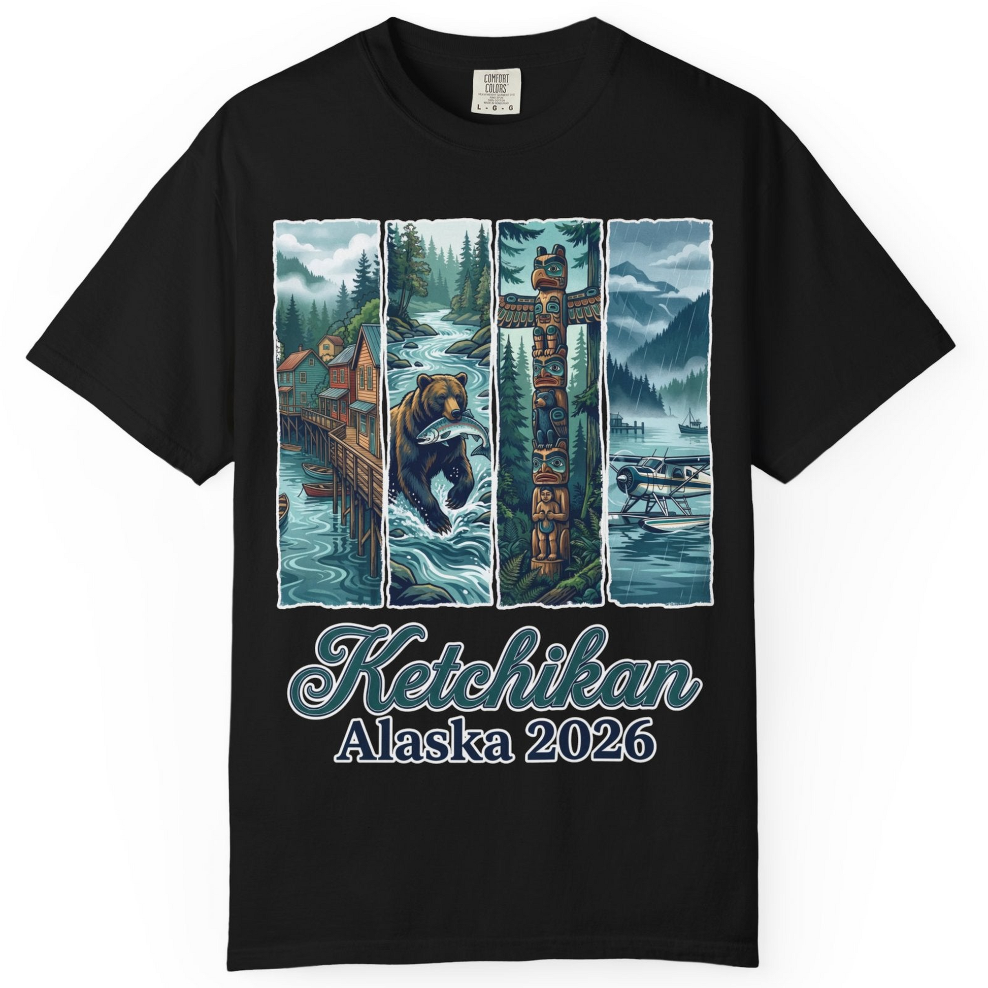 Ketchikan Alaska 2026 Scenic Nature and Totem Pole Art T-Shirt — Comfort T-Shirt – Black – Alaska Cruise Shirts