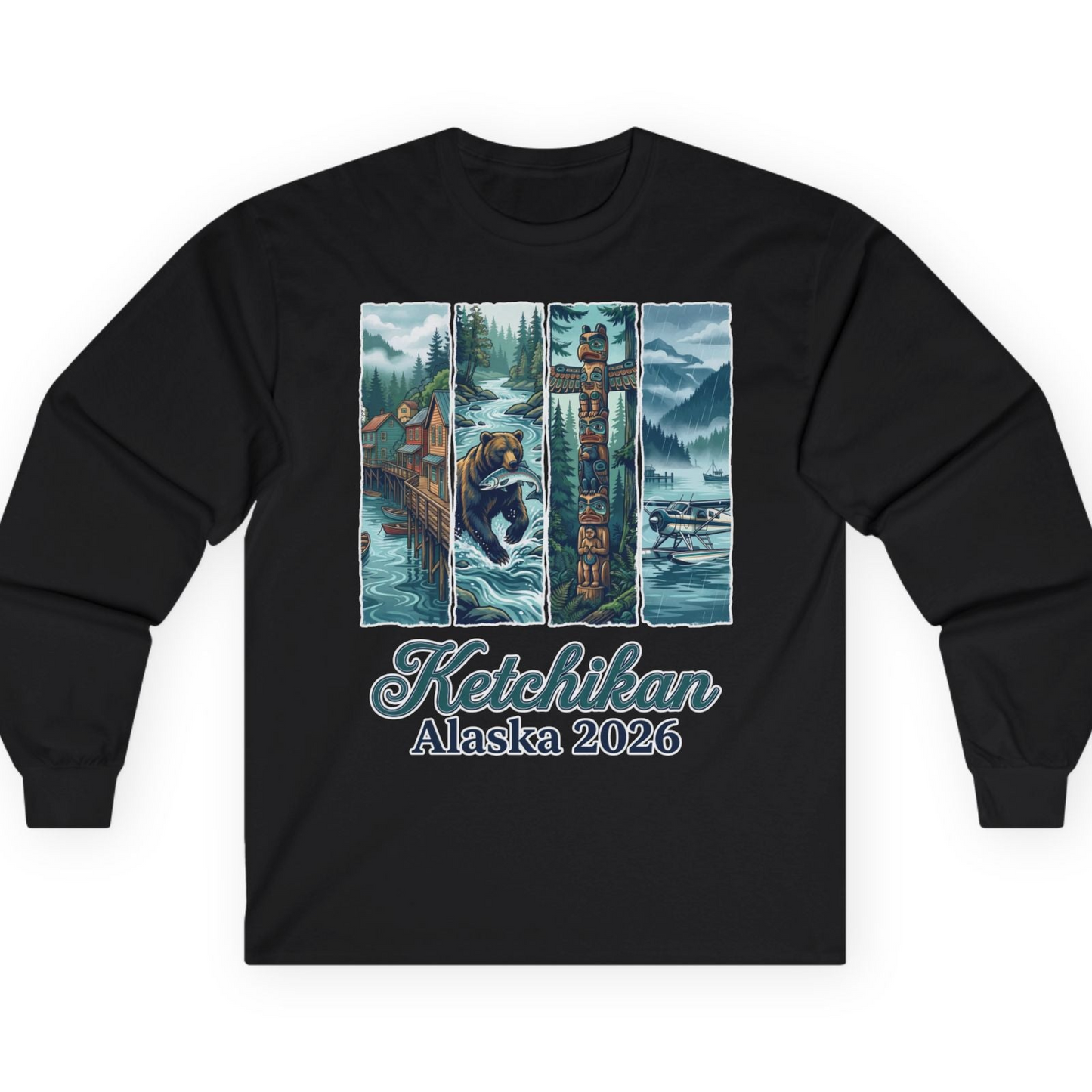 Ketchikan Alaska 2026 Scenic Nature and Totem Pole Art T-Shirt — Long Sleeve T-Shirt – Black – Alaska Cruise Shirts