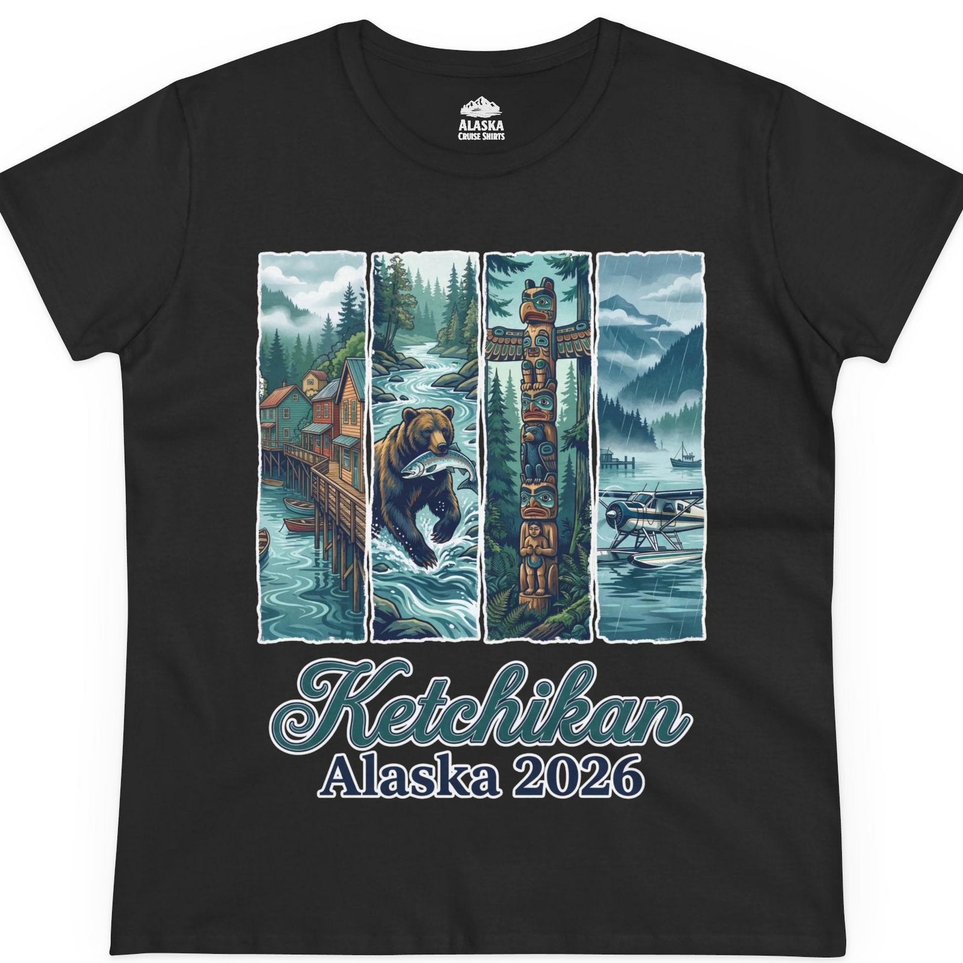 Ketchikan Alaska 2026 Scenic Nature and Totem Pole Art T-Shirt — Ladies Tee T-Shirt – Black – Alaska Cruise Shirts