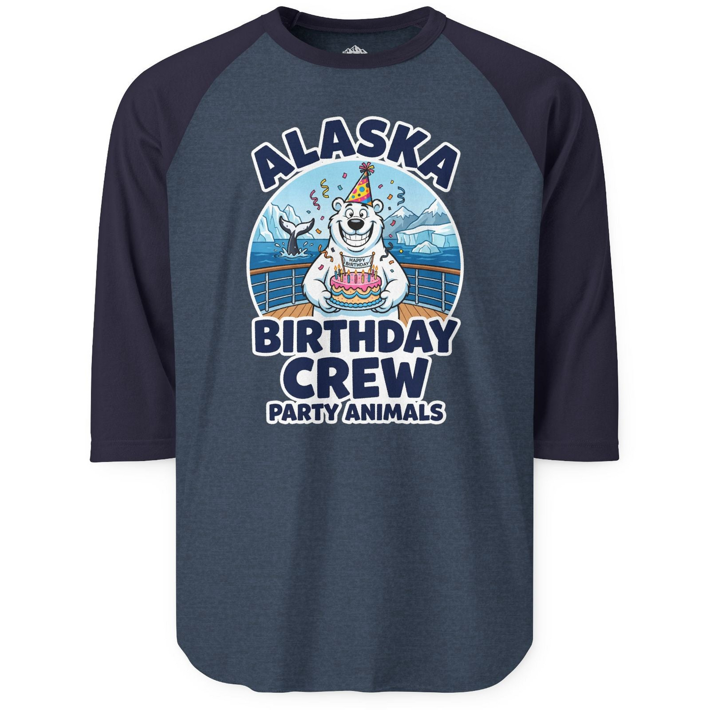 Alaska Birthday Crew Party Animals Polar Bear Cruise Shirt — 3/4 Sleeve T-Shirt – Heather Denim/Navy – Alaska Cruise Shirts