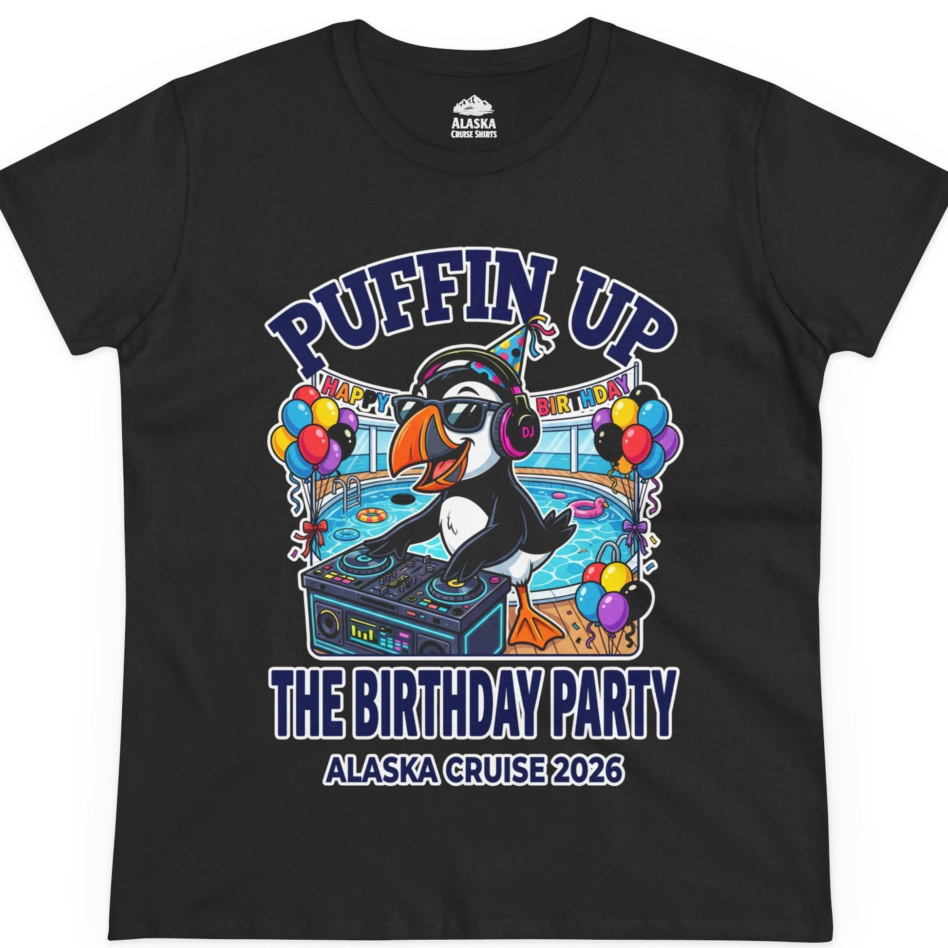 Funny Puffin DJ Birthday Party Alaska Cruise 2026 Shirt — Ladies Tee T-Shirt – Black – Alaska Cruise Shirts