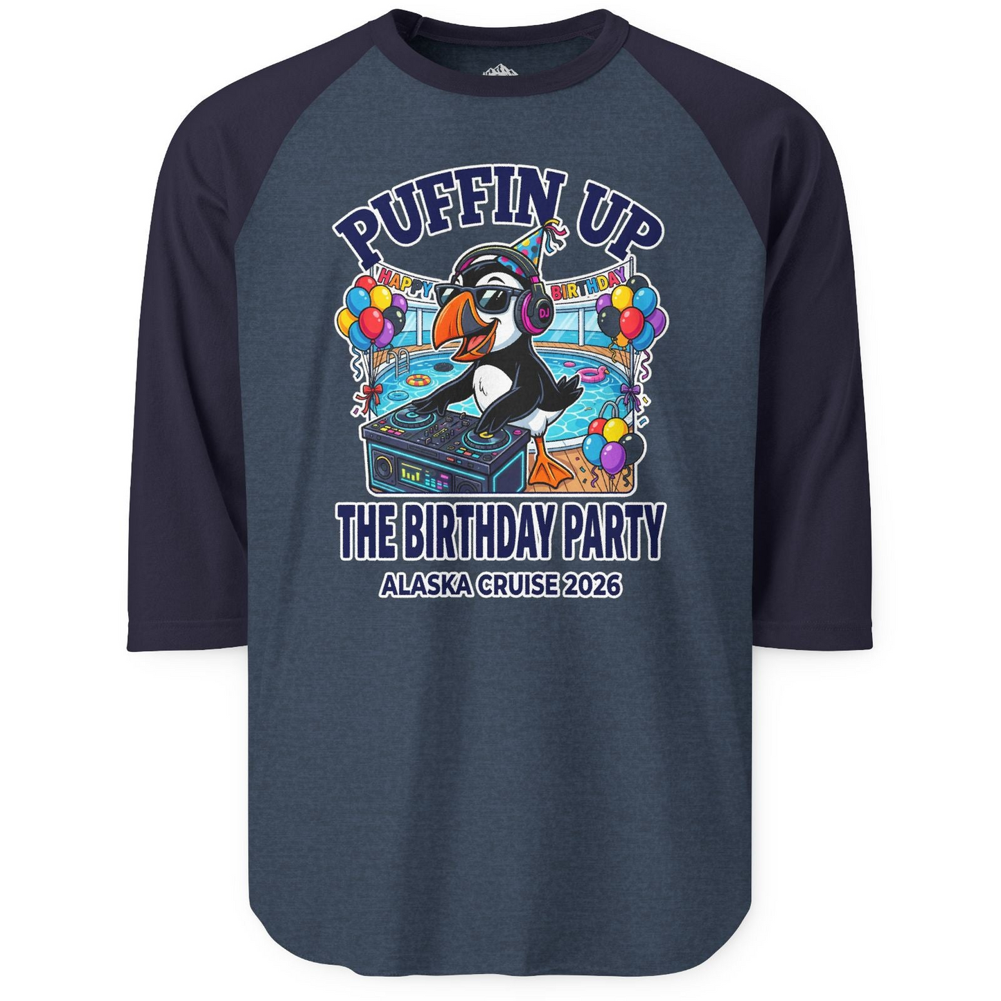 Funny Puffin DJ Birthday Party Alaska Cruise 2026 Shirt — 3/4 Sleeve T-Shirt – Heather Denim/Navy – Alaska Cruise Shirts