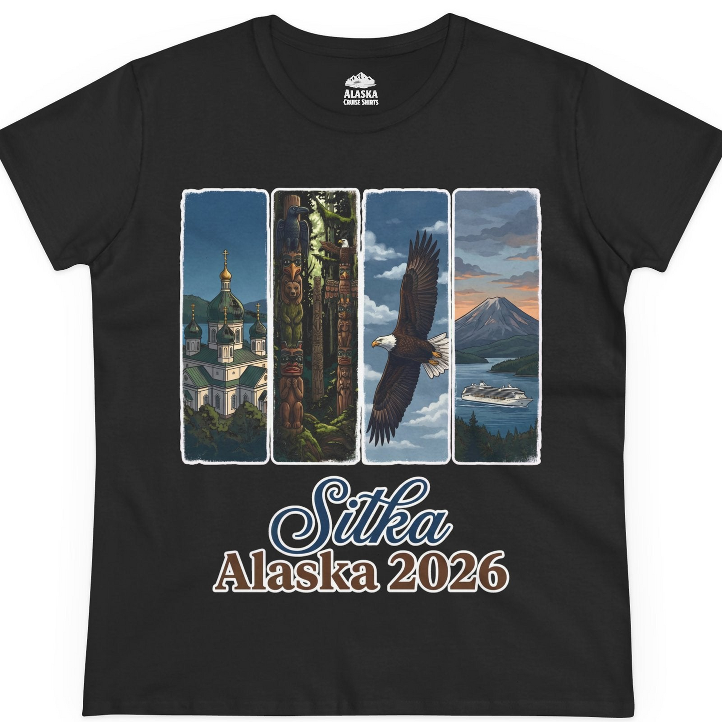Sitka Alaska 2026 Cruise and Wildlife Souvenir Graphic Shirt — Ladies Tee T-Shirt – Black – Alaska Cruise Shirts
