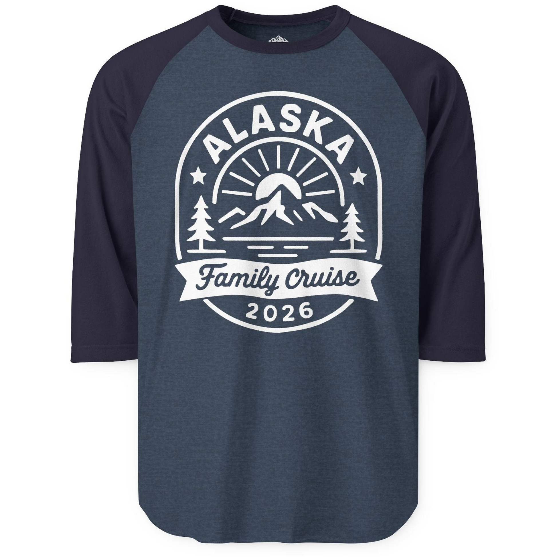 Alaska Family Cruise 2026 Mountain Nature Adventure Shirt — 3/4 Sleeve T-Shirt – Heather Denim/Navy – Alaska Cruise Shirts