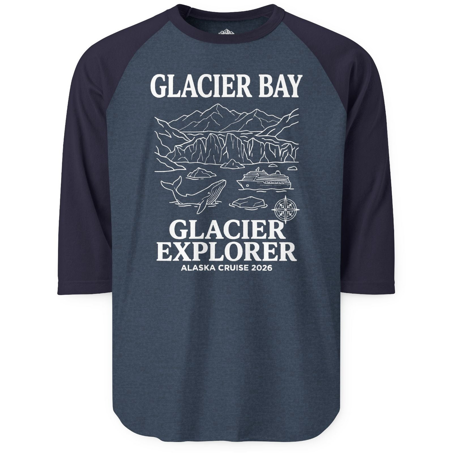 Glacier Bay Alaska Cruise 2026 Glacier Explorer Souvenir Shirt — 3/4 Sleeve T-Shirt – Heather Denim/Navy – Alaska Cruise Shirts