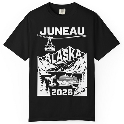 Juneau Alaska Cruise 2026 Scenic Whale and Cable Car Shirt — Comfort T-Shirt – Black – Alaska Cruise Shirts