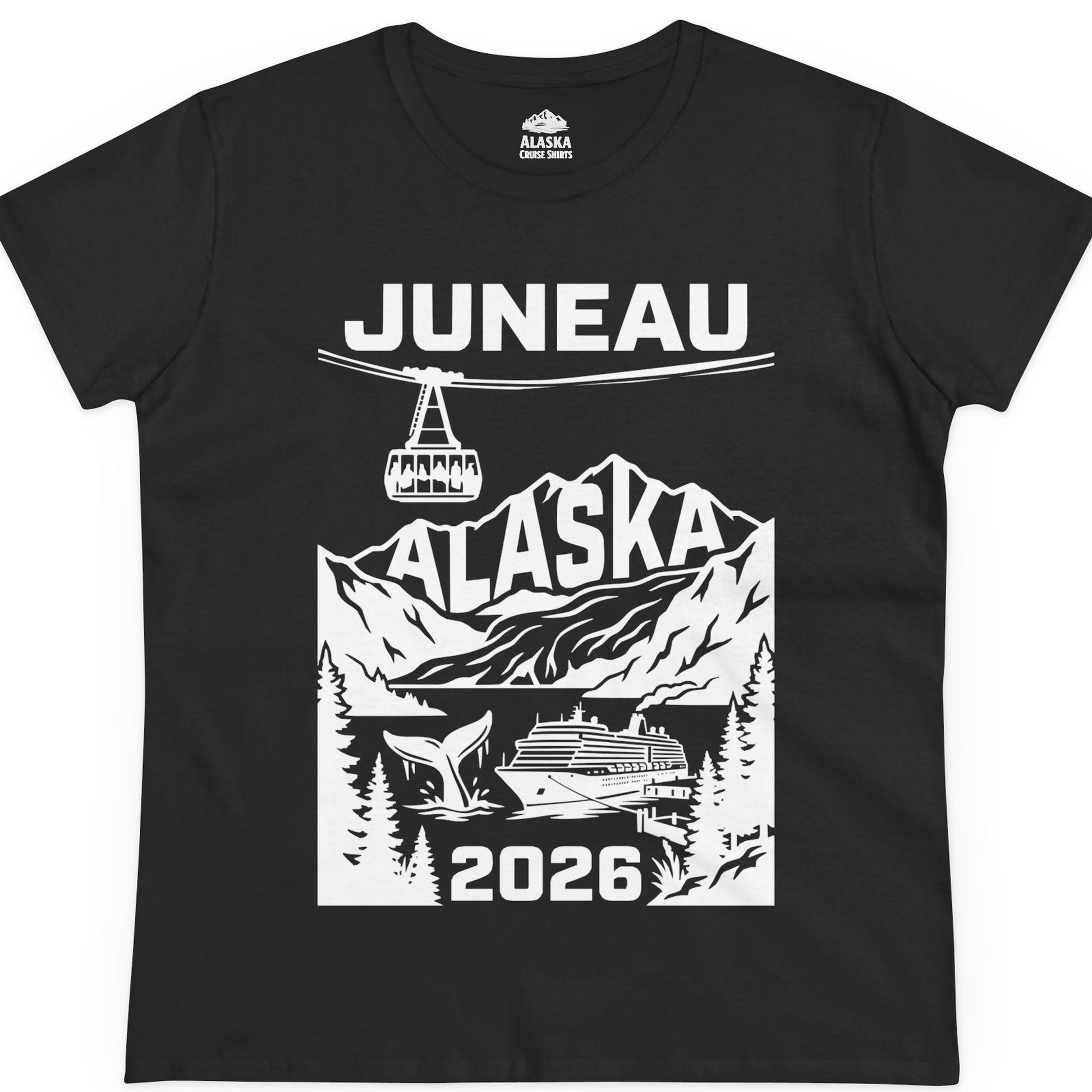 Juneau Alaska Cruise 2026 Scenic Whale and Cable Car Shirt — Ladies Tee T-Shirt – Black – Alaska Cruise Shirts