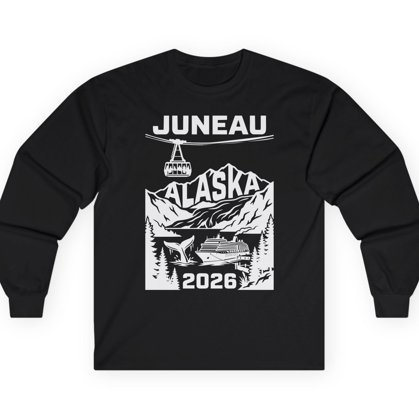 Juneau Alaska Cruise 2026 Scenic Whale and Cable Car Shirt — Long Sleeve T-Shirt – Black – Alaska Cruise Shirts