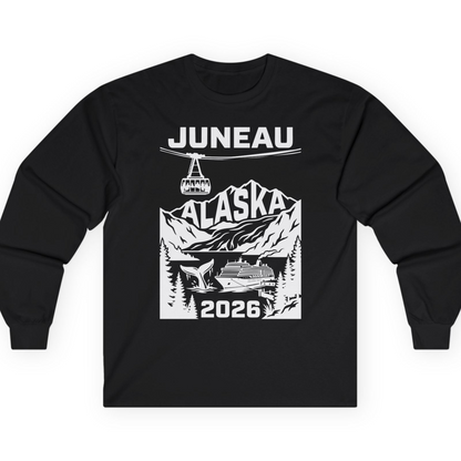 Juneau Alaska Cruise 2026 Scenic Whale and Cable Car Shirt — Long Sleeve T-Shirt – Black – Alaska Cruise Shirts