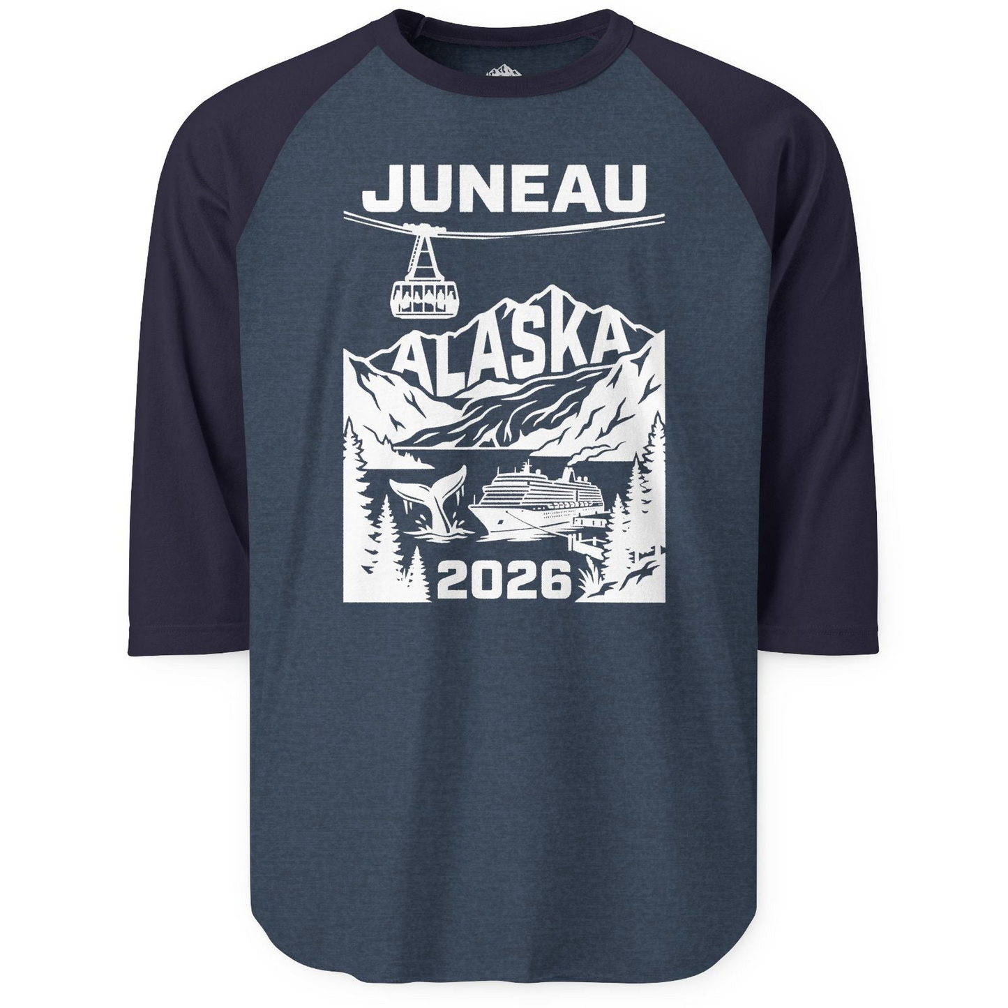 Juneau Alaska Cruise 2026 Scenic Whale and Cable Car Shirt — 3/4 Sleeve T-Shirt – Heather Denim/Navy – Alaska Cruise Shirts