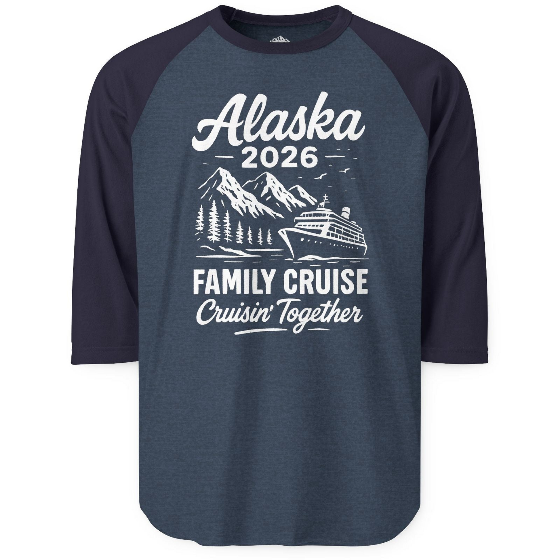 Alaska Family Cruise 2026 Cruisin Together Matching Shirt — 3/4 Sleeve T-Shirt – Heather Denim/Navy – Alaska Cruise Shirts