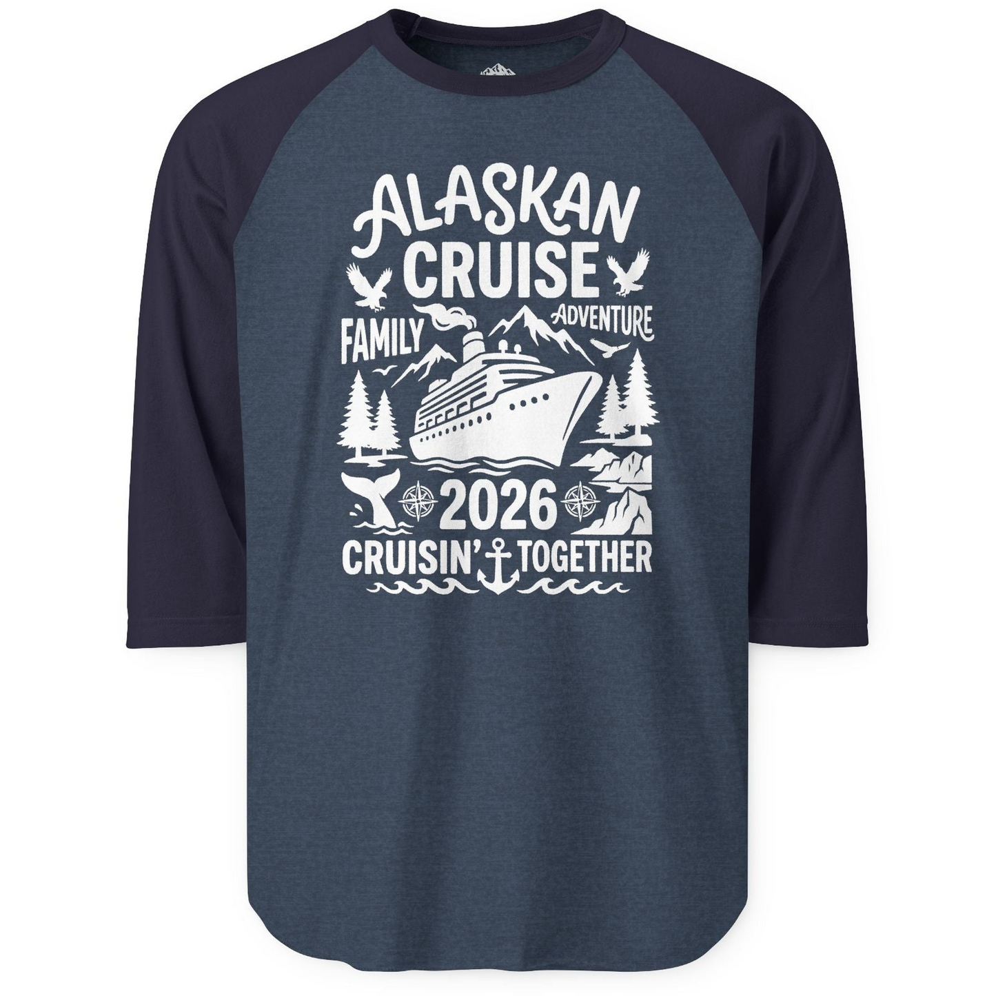Alaska Cruise Family Adventure 2026 Cruisin Together Shirt — 3/4 Sleeve T-Shirt – Heather Denim/Navy – Alaska Cruise Shirts