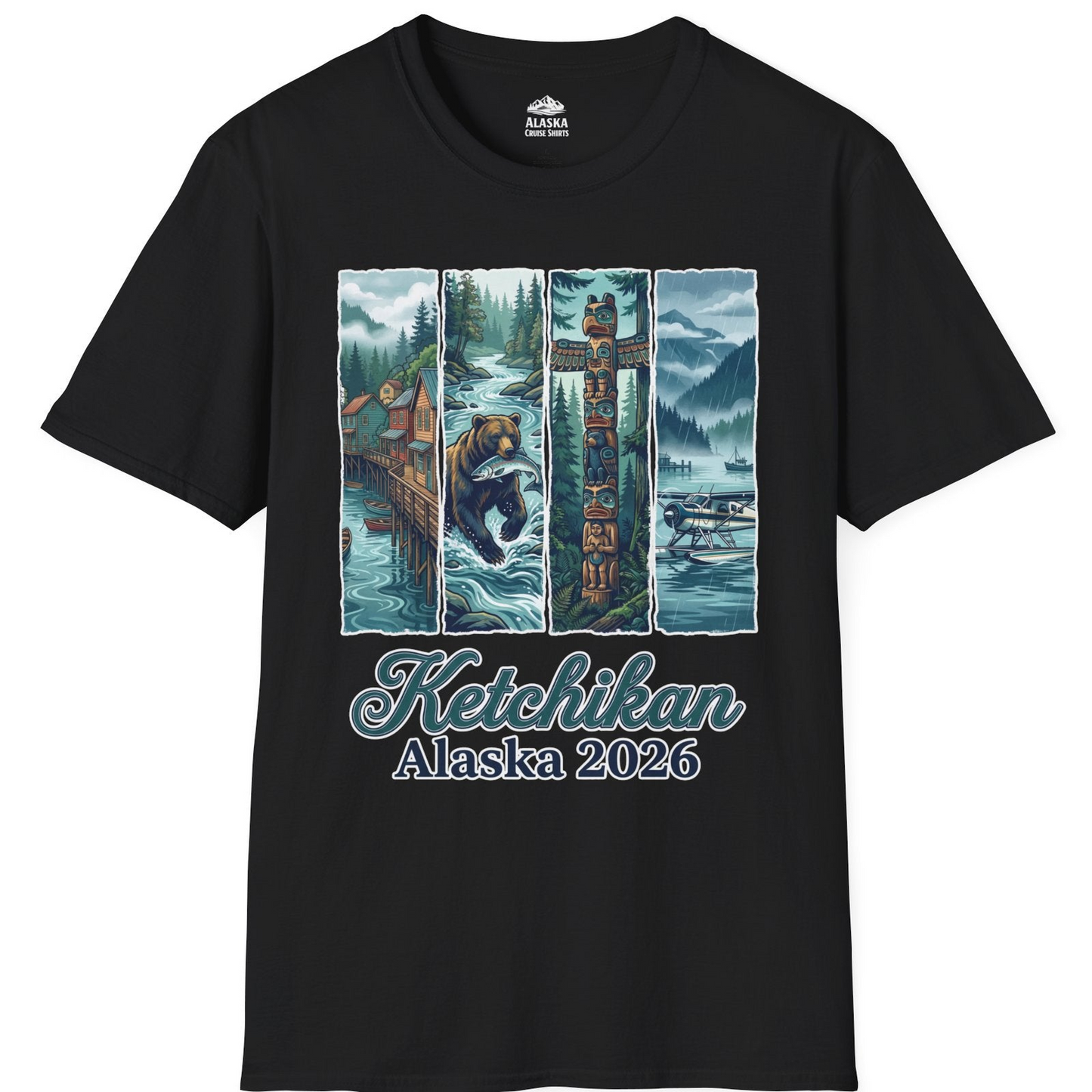 Ketchikan Alaska 2026 Scenic Nature and Totem Pole Art T-Shirt — T-Shirt T-Shirt – Black – Alaska Cruise Shirts