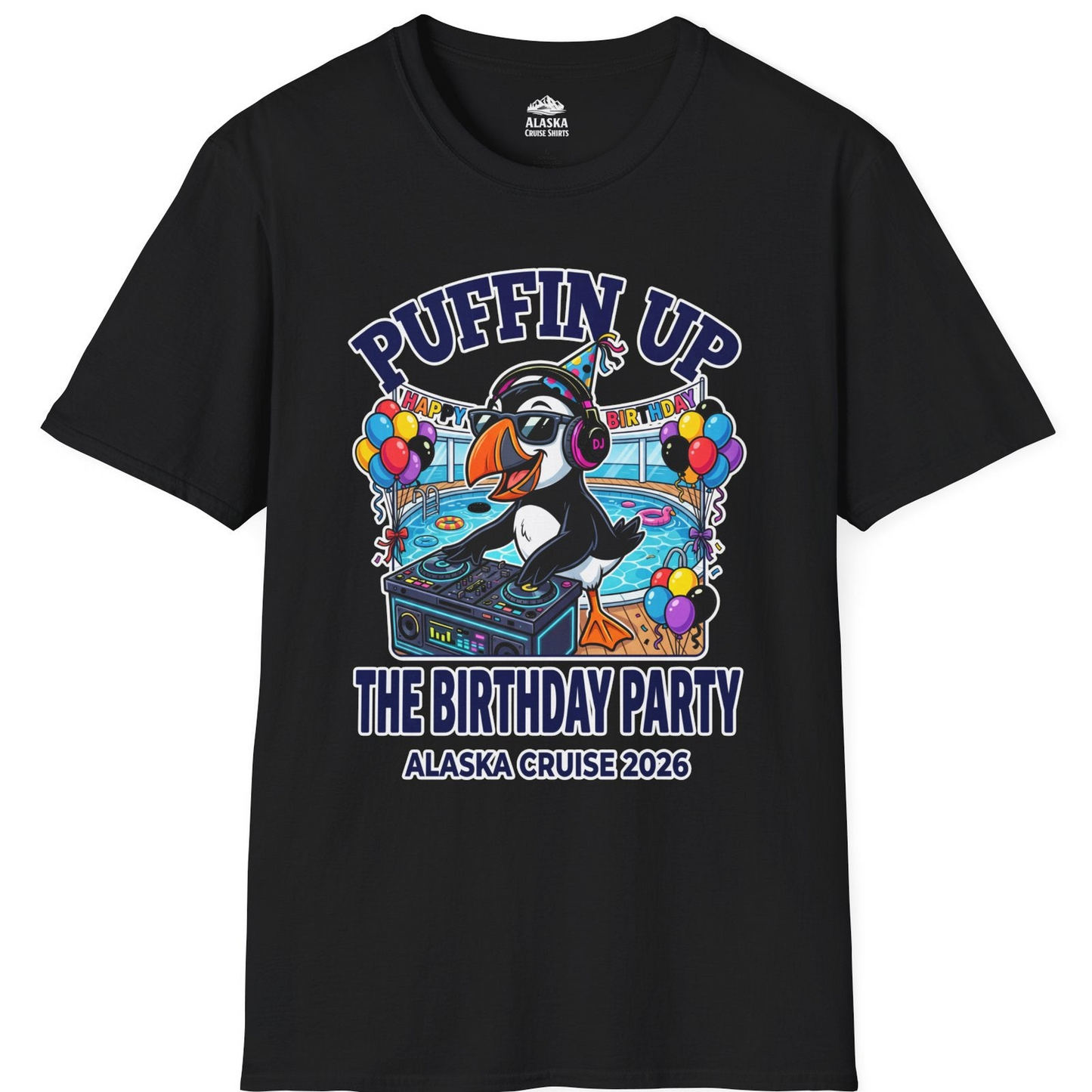 Funny Puffin DJ Birthday Party Alaska Cruise 2026 Shirt — T-Shirt T-Shirt – Black – Alaska Cruise Shirts