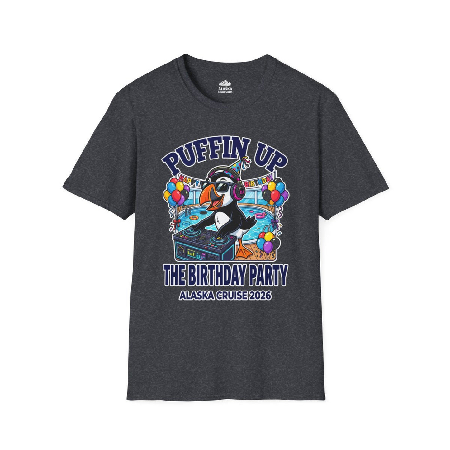 Funny Puffin DJ Birthday Party Alaska Cruise 2026 Shirt — T-Shirt T-Shirt – Dark Heather Grey – Alaska Cruise Shirts
