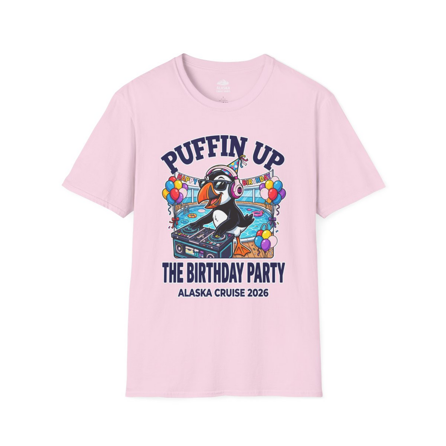 Funny Puffin DJ Birthday Party Alaska Cruise 2026 Shirt — T-Shirt T-Shirt – Light Pink – Alaska Cruise Shirts