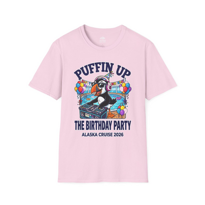 Funny Puffin DJ Birthday Party Alaska Cruise 2026 Shirt — T-Shirt T-Shirt – Light Pink – Alaska Cruise Shirts