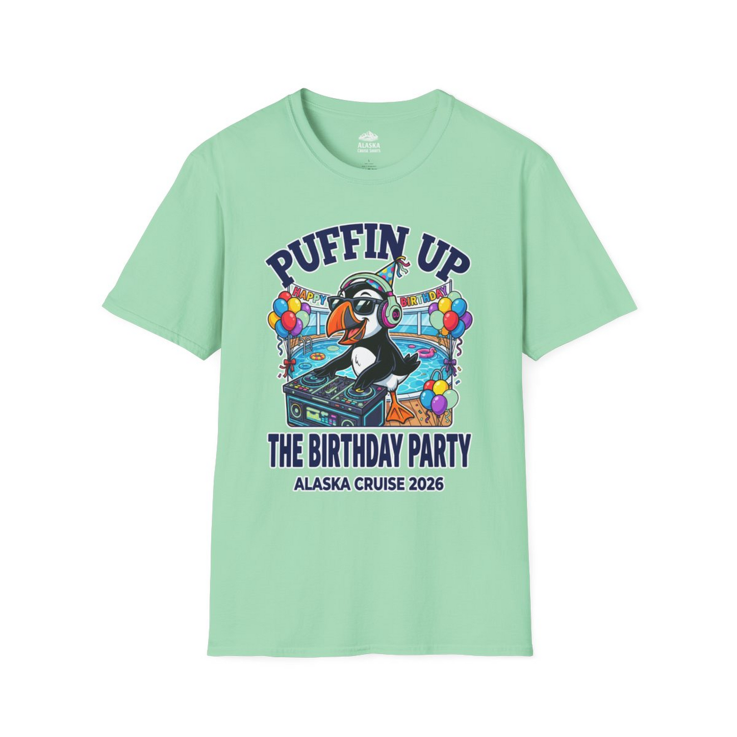 Funny Puffin DJ Birthday Party Alaska Cruise 2026 Shirt — T-Shirt T-Shirt – Mint Green – Alaska Cruise Shirts