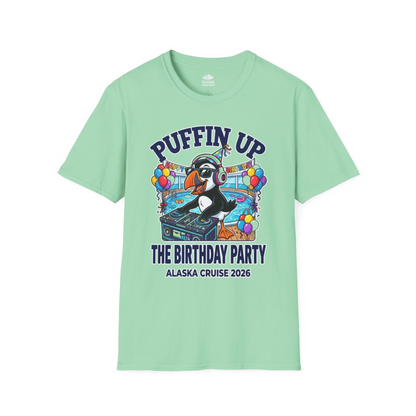 Funny Puffin DJ Birthday Party Alaska Cruise 2026 Shirt — T-Shirt T-Shirt – Mint Green – Alaska Cruise Shirts