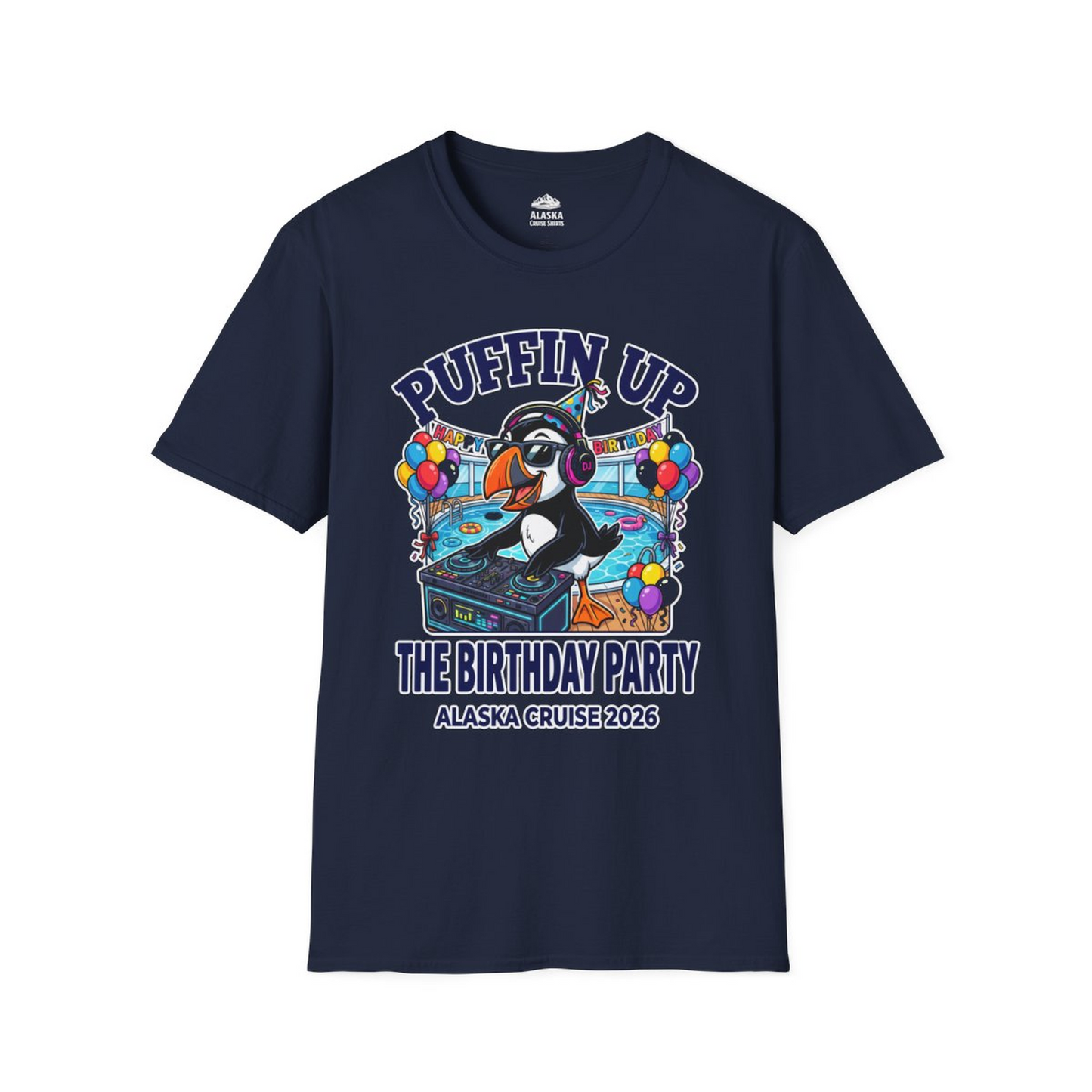 Funny Puffin DJ Birthday Party Alaska Cruise 2026 Shirt — T-Shirt T-Shirt – Navy – Alaska Cruise Shirts