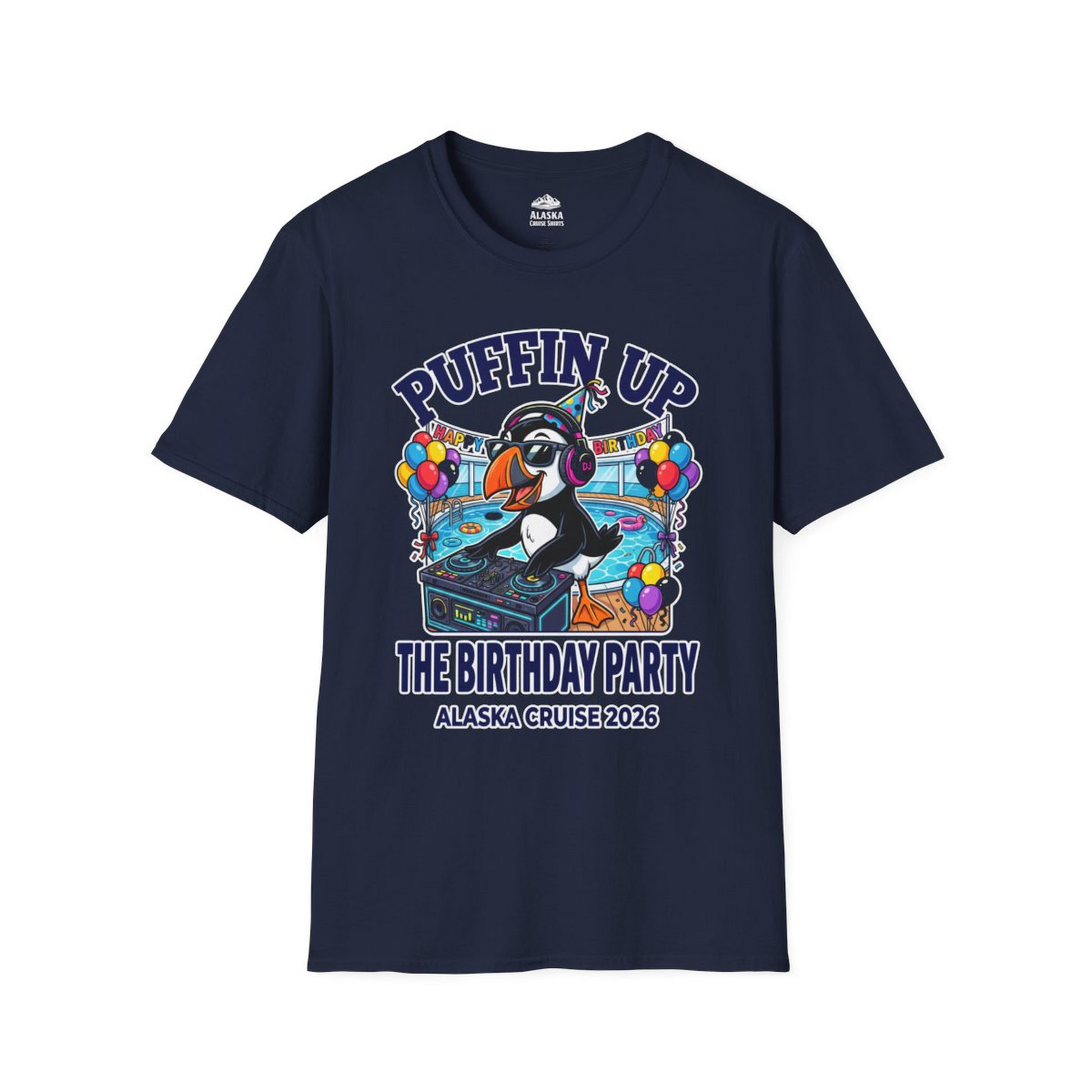 Funny Puffin DJ Birthday Party Alaska Cruise 2026 Shirt — T-Shirt T-Shirt – Navy – Alaska Cruise Shirts