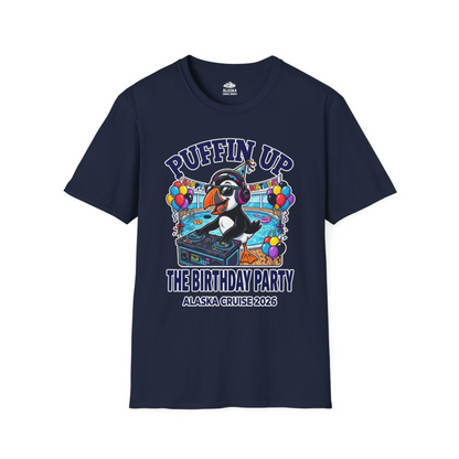 Funny Puffin DJ Birthday Party Alaska Cruise 2026 Shirt — T-Shirt T-Shirt – Navy – Alaska Cruise Shirts