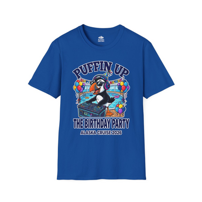 Funny Puffin DJ Birthday Party Alaska Cruise 2026 Shirt — T-Shirt T-Shirt – Royal – Alaska Cruise Shirts