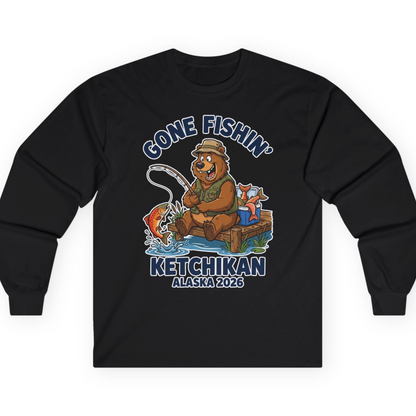Gone Fishin Ketchikan Alaska 2026 Cartoon Bear Souvenir Shirt — Long Sleeve T-Shirt – Black – Alaska Cruise Shirts