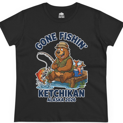Gone Fishin Ketchikan Alaska 2026 Cartoon Bear Souvenir Shirt — Ladies Tee T-Shirt – Black – Alaska Cruise Shirts