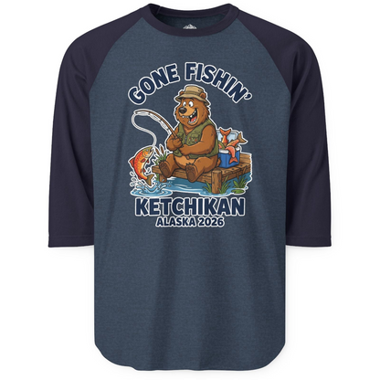 Gone Fishin Ketchikan Alaska 2026 Cartoon Bear Souvenir Shirt — 3/4 Sleeve T-Shirt – Heather Denim/Navy – Alaska Cruise Shirts