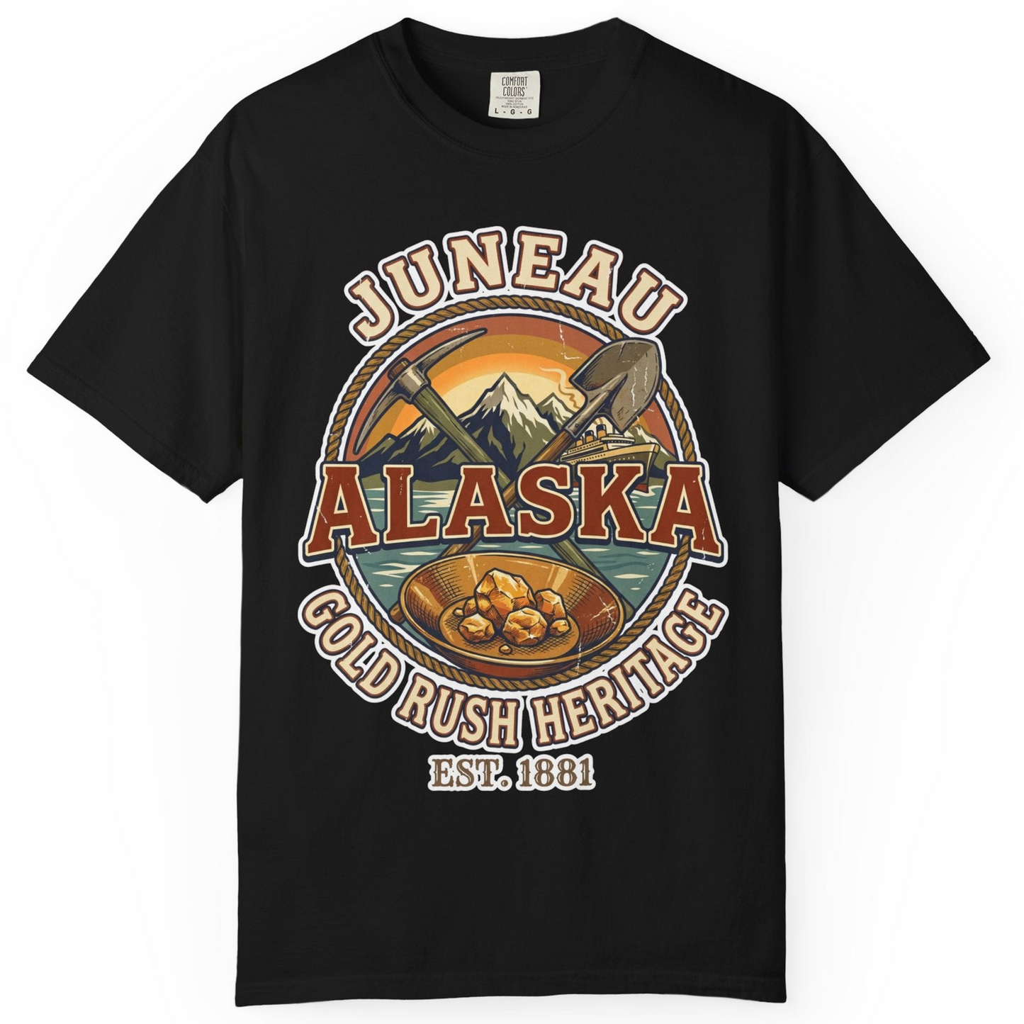 Juneau Alaska Gold Rush Heritage Vintage Travel T-Shirt — Comfort T-Shirt – Black – Alaska Cruise Shirts