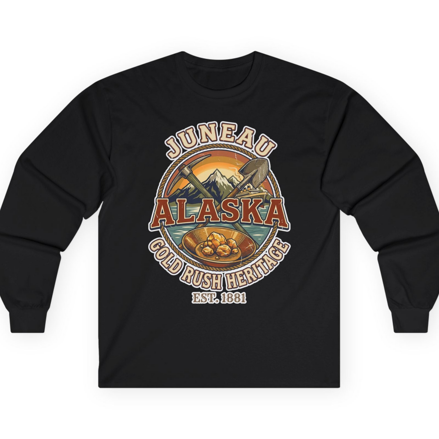 Juneau Alaska Gold Rush Heritage Vintage Travel T-Shirt — Long Sleeve T-Shirt – Black – Alaska Cruise Shirts