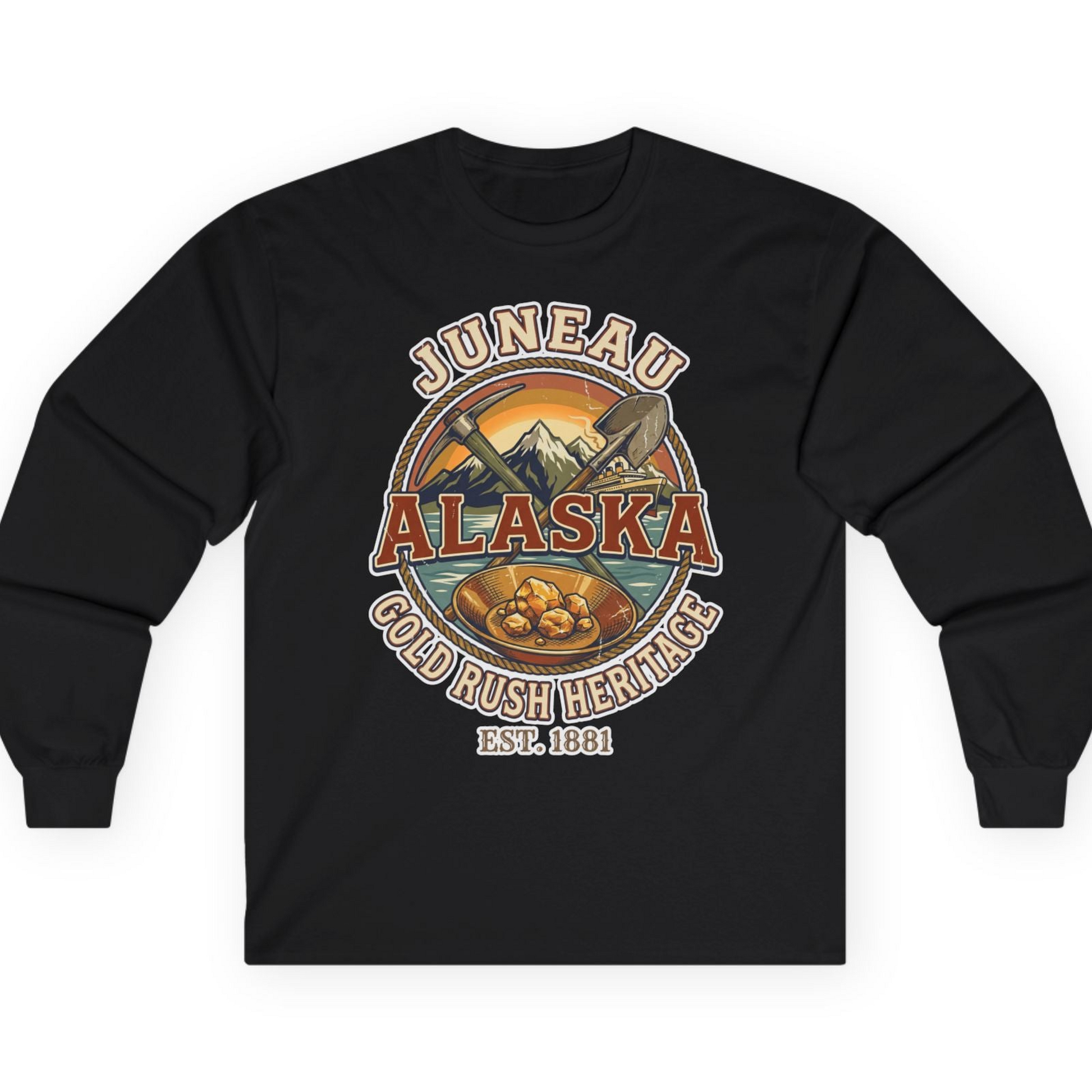 Juneau Alaska Gold Rush Heritage Vintage Travel T-Shirt — Long Sleeve T-Shirt – Black – Alaska Cruise Shirts
