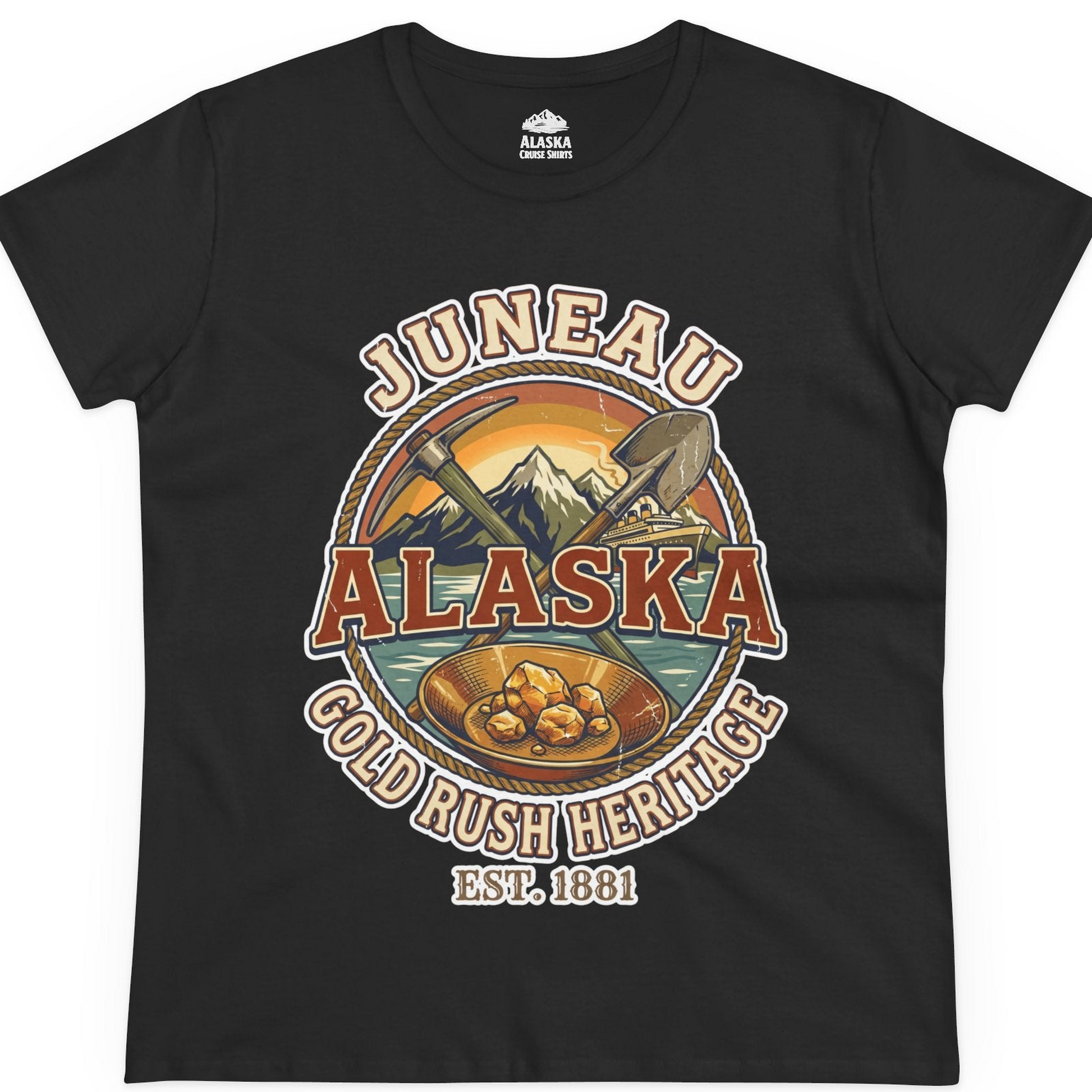Juneau Alaska Gold Rush Heritage Vintage Travel T-Shirt — Ladies Tee T-Shirt – Black – Alaska Cruise Shirts
