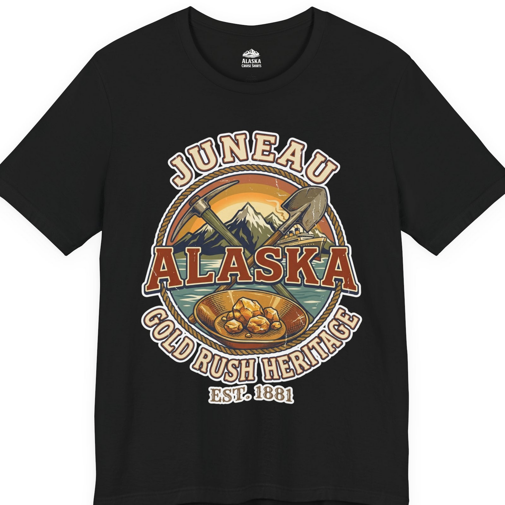 Juneau Alaska Gold Rush Heritage Vintage Travel T-Shirt — Premium Tee T-Shirt – Black – Alaska Cruise Shirts