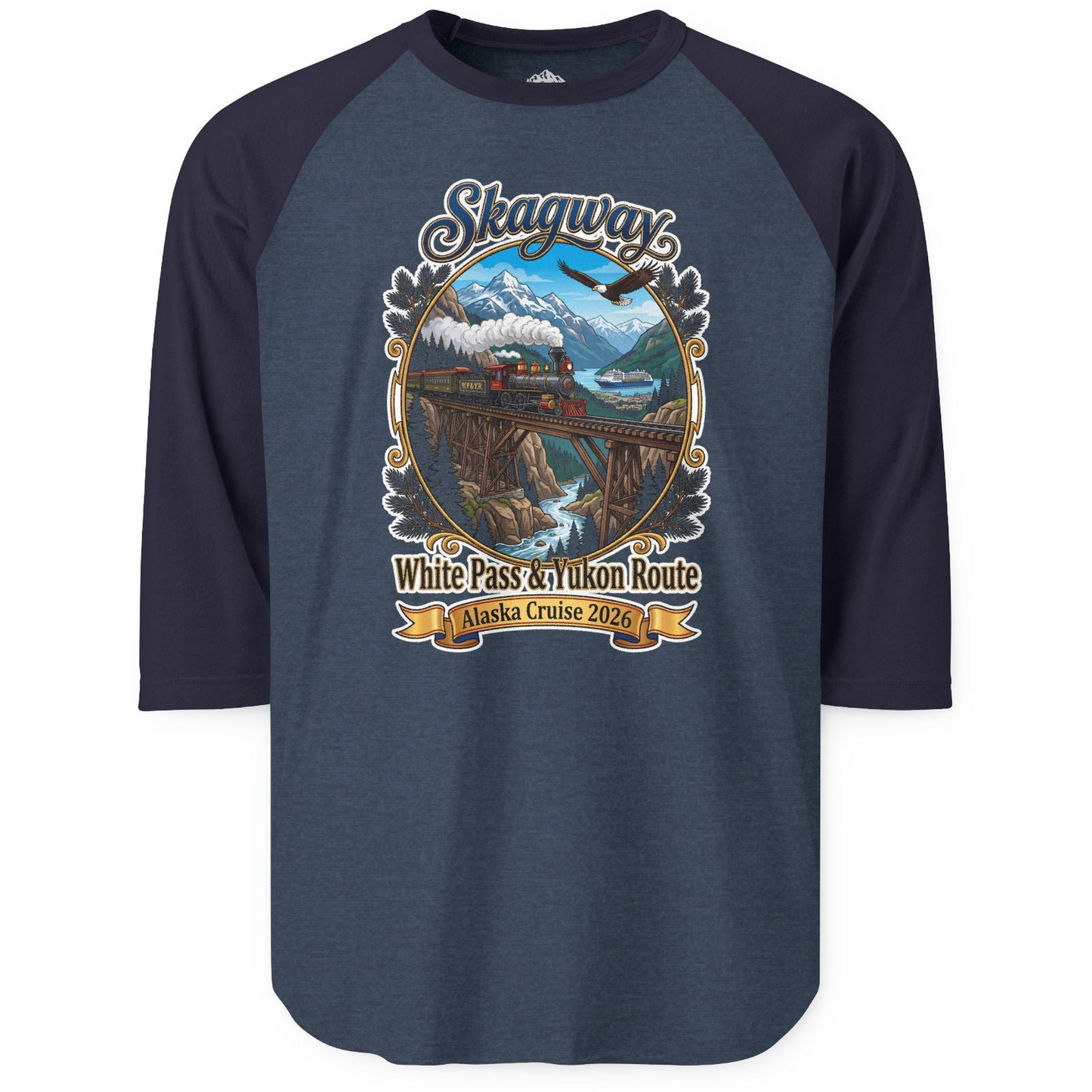 Skagway Alaska Cruise Shirt White Pass Yukon Route 2026 Souvenir — 3/4 Sleeve T-Shirt – Heather Denim/Navy – Alaska Cruise Shirts