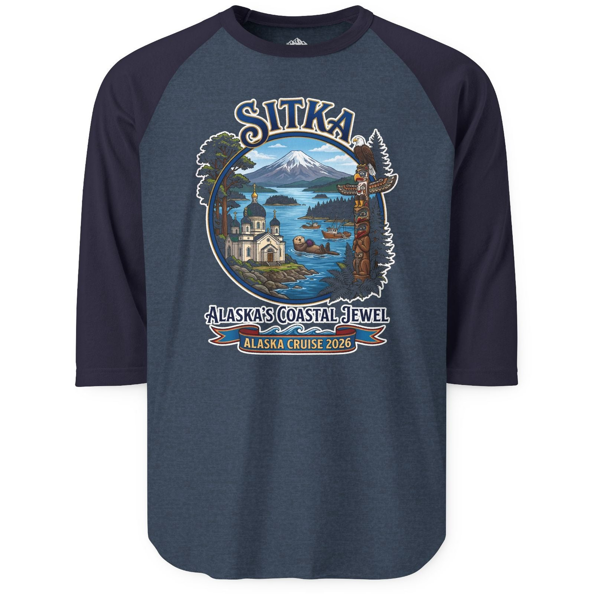 Sitka Alaska Cruise 2026 Alaska's Coastal Jewel Travel Souvenir Shirt — 3/4 Sleeve T-Shirt – Heather Denim/Navy – Alaska Cruise Shirts