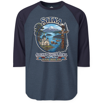 Sitka Alaska Cruise 2026 Alaska's Coastal Jewel Travel Souvenir Shirt — 3/4 Sleeve T-Shirt – Heather Denim/Navy – Alaska Cruise Shirts