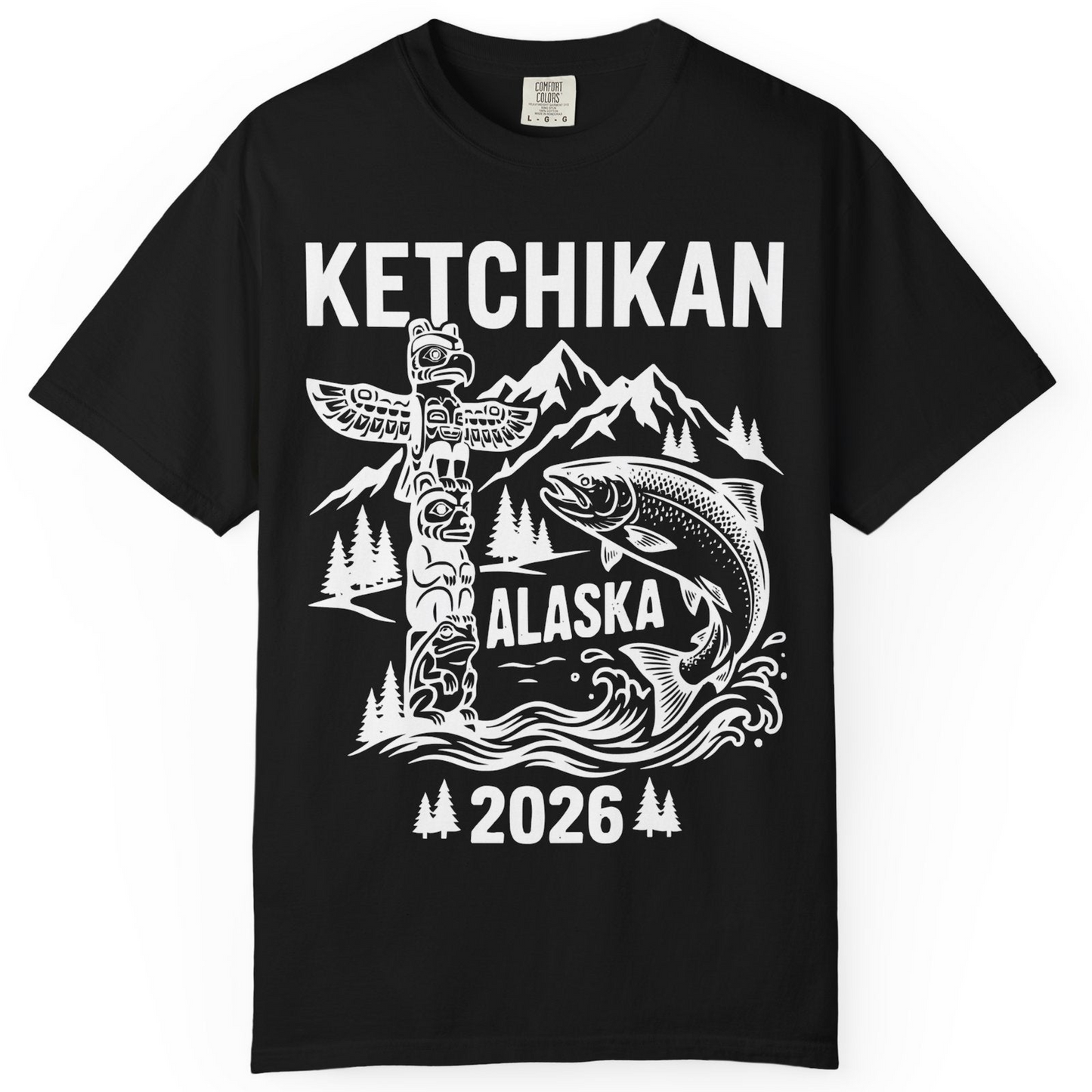 Ketchikan Alaska 2026 Totem Pole and Salmon Souvenir Shirt — Comfort T-Shirt – Black – Alaska Cruise Shirts