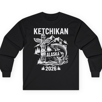 Ketchikan Alaska 2026 Totem Pole and Salmon Souvenir Shirt — Long Sleeve T-Shirt – Black – Alaska Cruise Shirts