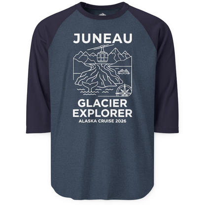 Juneau Glacier Explorer Alaska Cruise 2026 Adventure Shirt — 3/4 Sleeve T-Shirt – Heather Denim/Navy – Alaska Cruise Shirts