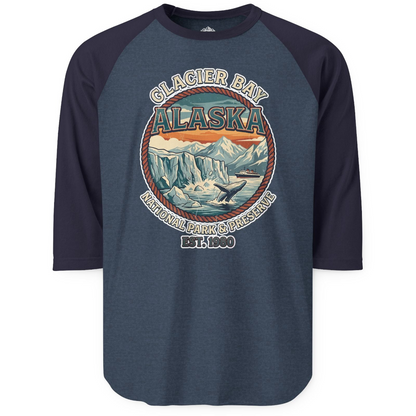 Glacier Bay Alaska National Park Vintage Nature Scene Shirt — 3/4 Sleeve T-Shirt – Heather Denim/Navy – Alaska Cruise Shirts