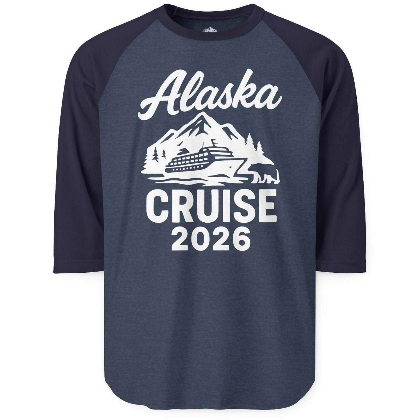Alaska Cruise 2026 Nature Adventure Souvenir T-Shirt — 3/4 Sleeve T-Shirt – Heather Denim/Navy – Alaska Cruise Shirts