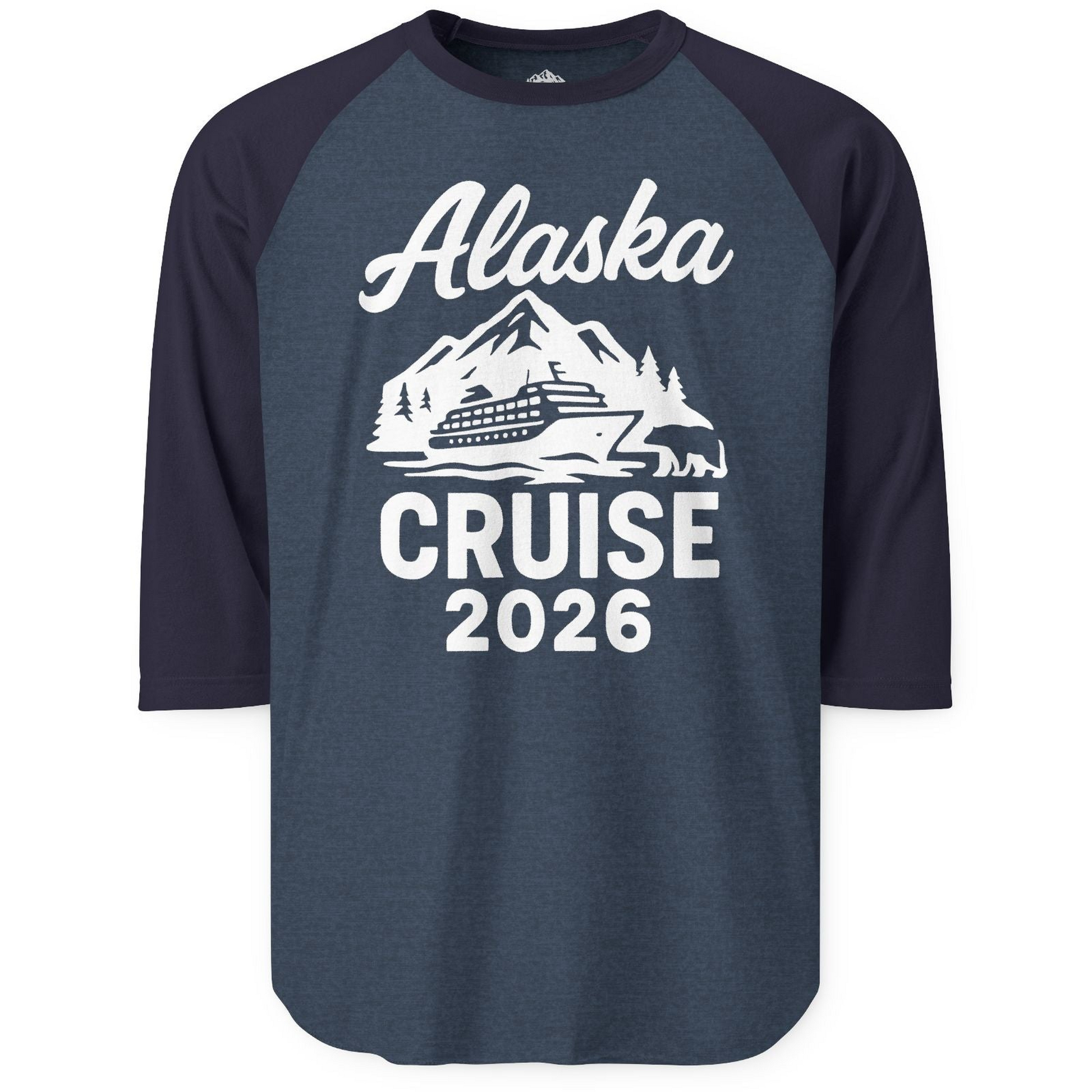 Alaska Cruise 2026 Nature Adventure Souvenir T-Shirt — 3/4 Sleeve T-Shirt – Heather Denim/Navy – Alaska Cruise Shirts