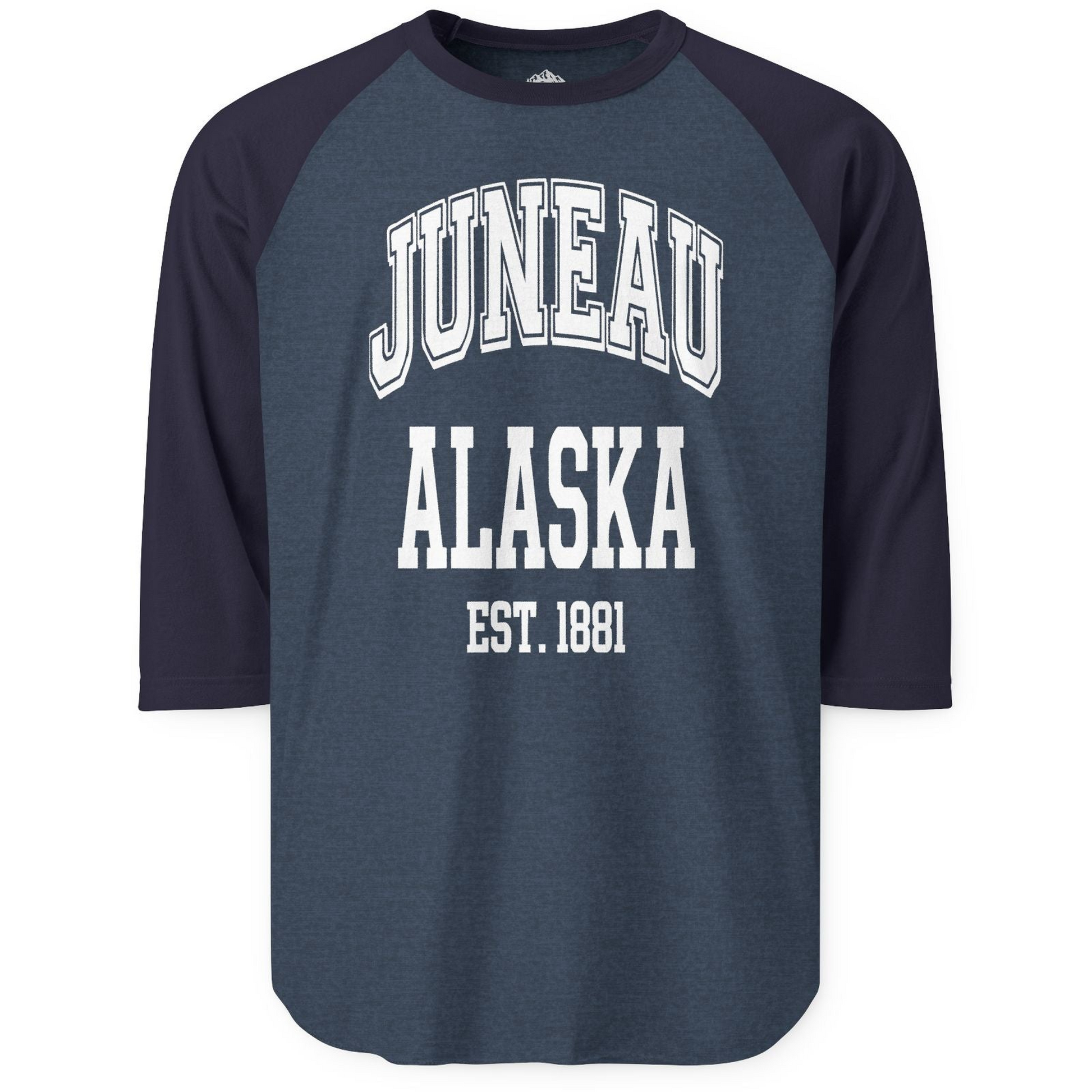 Juneau Alaska Est 1881 Classic Collegiate Souvenir Shirt — 3/4 Sleeve T-Shirt – Heather Denim/Navy – Alaska Cruise Shirts