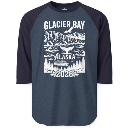 Glacier Bay Alaska 2026 Cruise Adventure Nature Scene Shirt — 3/4 Sleeve T-Shirt – Heather Denim/Navy – Alaska Cruise Shirts