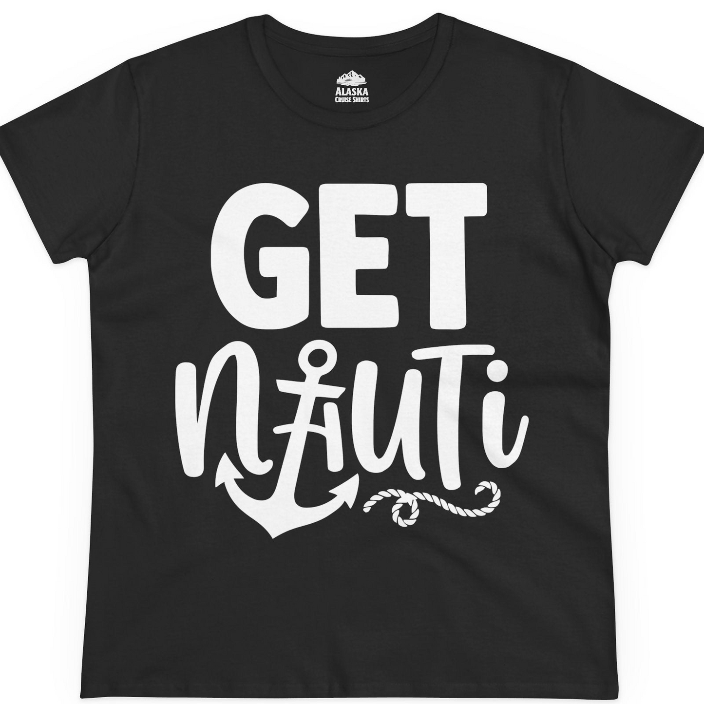 Get Nauti Nautical Pun Shirt with Anchor and Rope Graphic — Ladies Tee T-Shirt – Black – Alaska Cruise Shirts