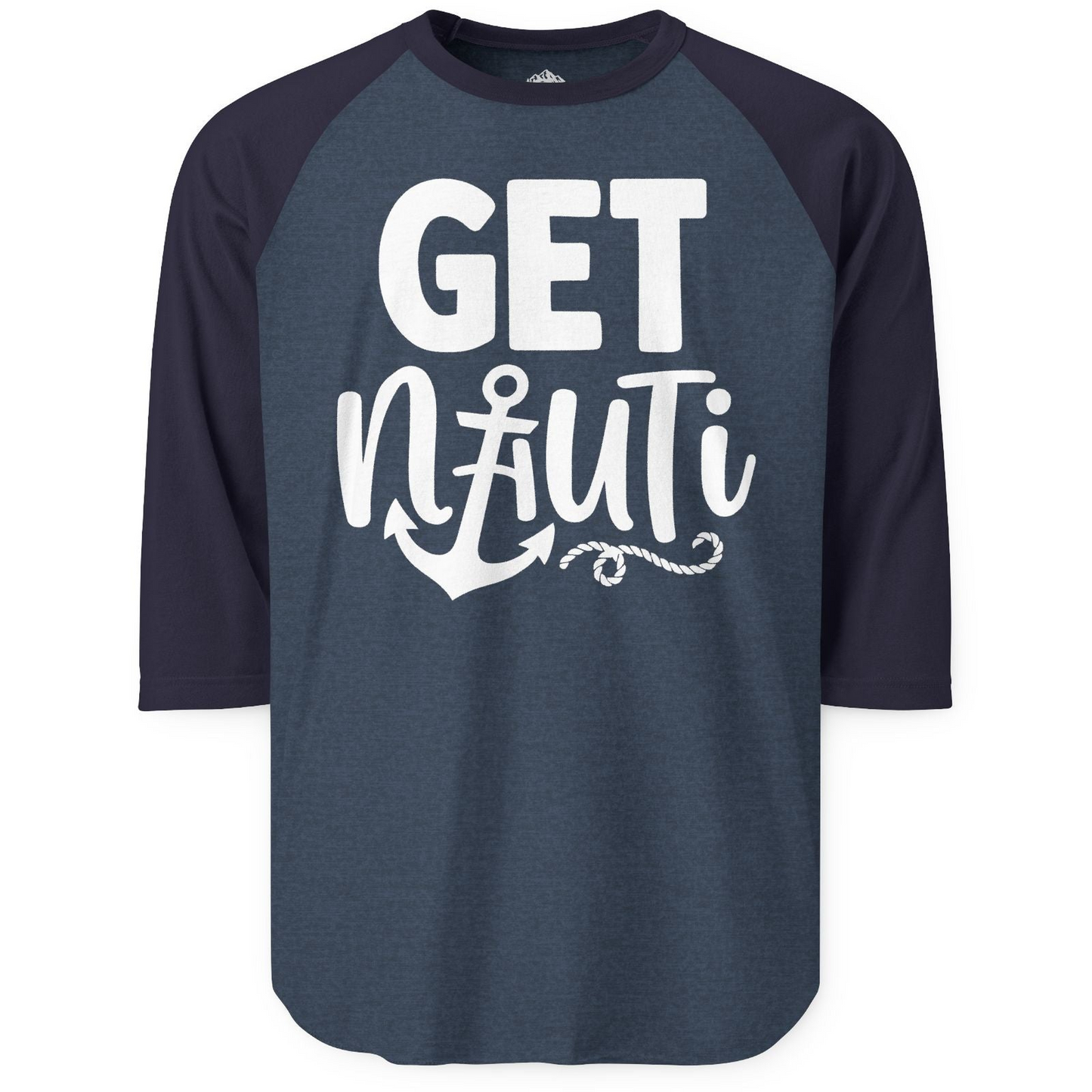 Get Nauti Nautical Pun Shirt with Anchor and Rope Graphic — 3/4 Sleeve T-Shirt – Heather Denim/Navy – Alaska Cruise Shirts