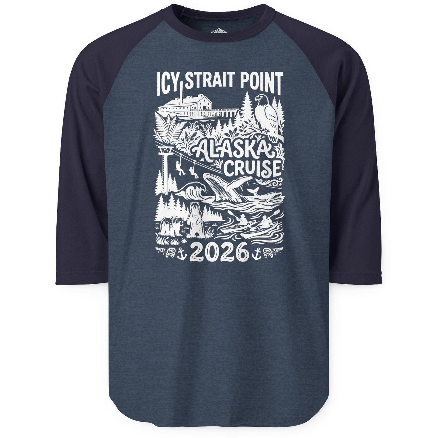 Icy Strait Point Alaska Cruise 2026 Wildlife Adventure Shirt — 3/4 Sleeve T-Shirt – Heather Denim/Navy – Alaska Cruise Shirts