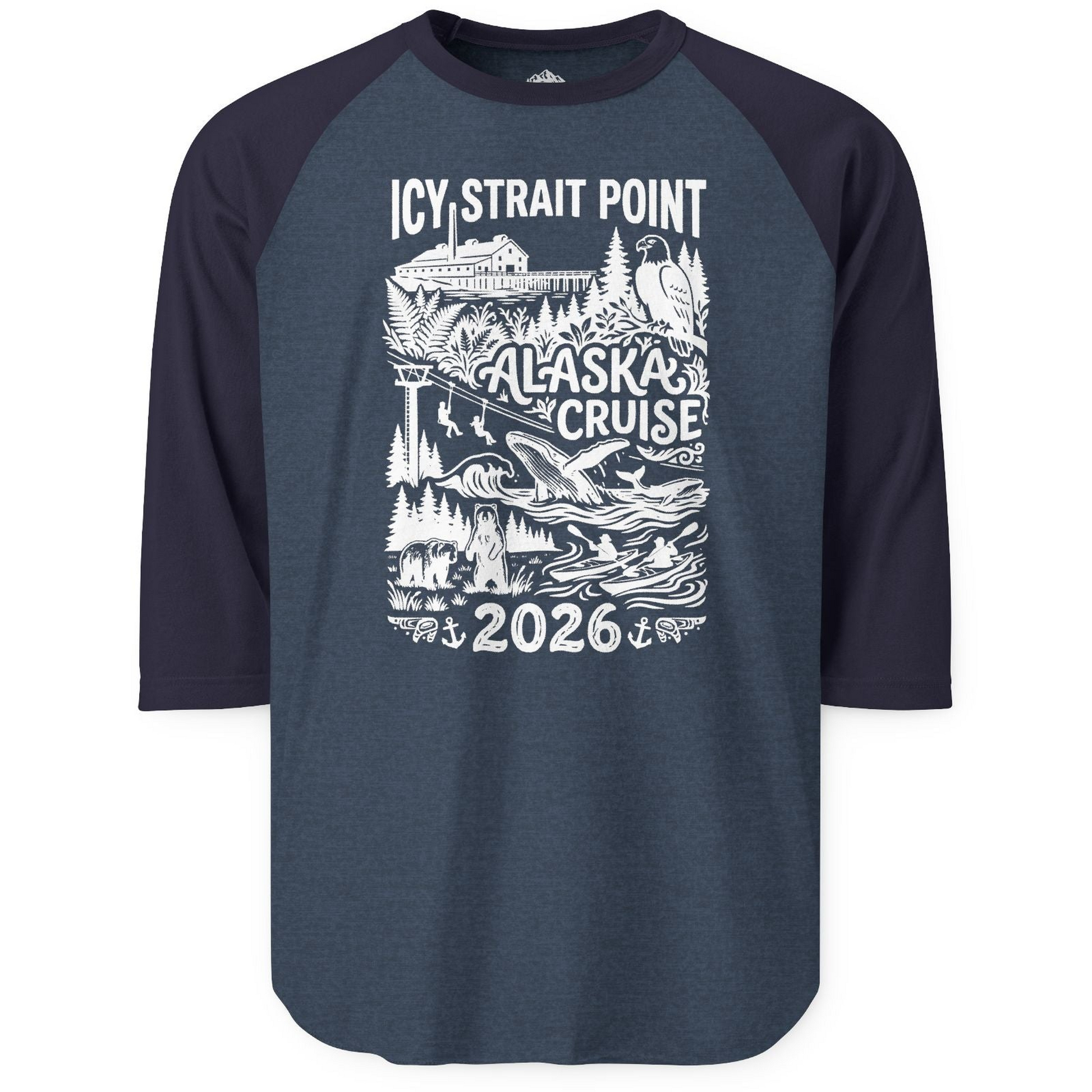 Icy Strait Point Alaska Cruise 2026 Wildlife Adventure Shirt — 3/4 Sleeve T-Shirt – Heather Denim/Navy – Alaska Cruise Shirts